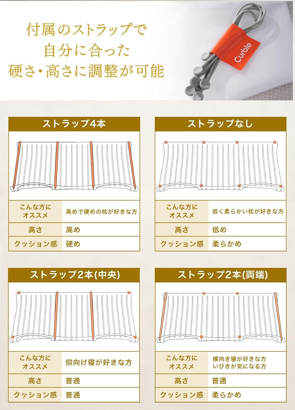 カーブルハンモック枕 ストラップ 高さ調整
