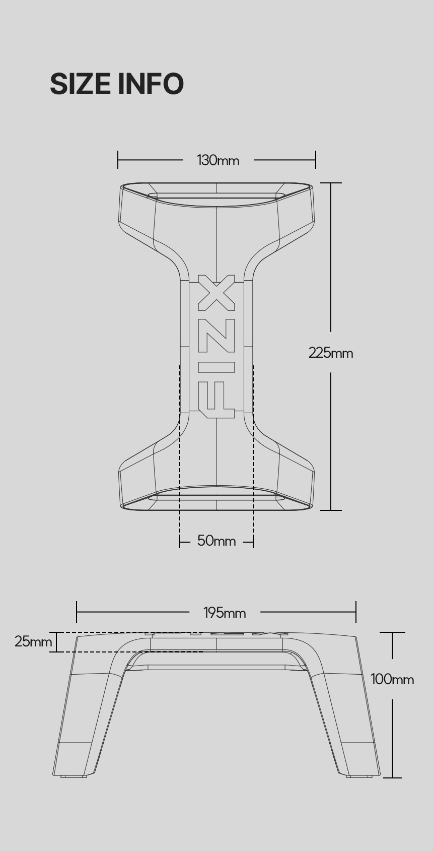 FIZX メガグリップ プッシュアップバーの寸法図(高さ225mm、幅130mm、奥行100mm)